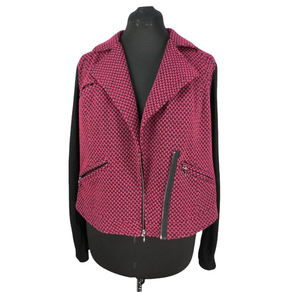TORRID Beet Red/Black Checkered Print Moto Jacket Sz 1/1X - Picture 10 of 13